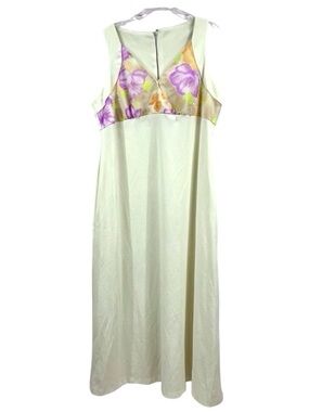 Vintage Mid Century Mod Sleeveless Floral Chiffon Top Butter Cream Maxi Dress